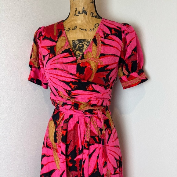 J. Crew Faux-wrap midi dress in palm print small pink vacation flowy sustainable - Picture 5 of 7
